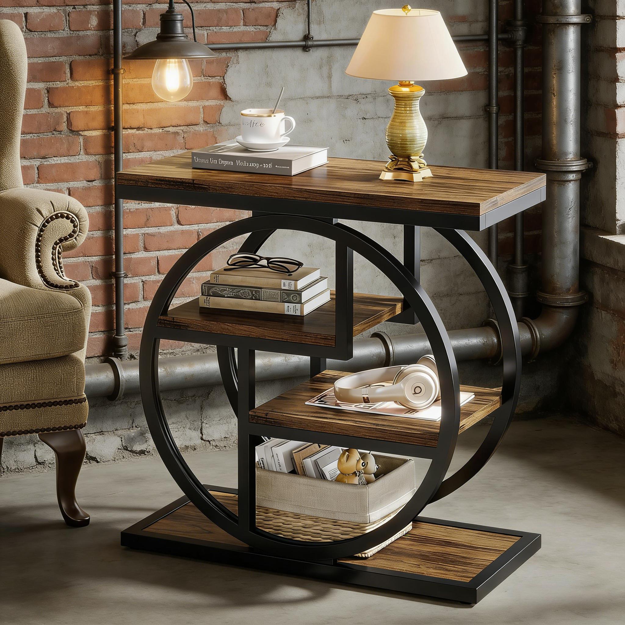 Wood End Table, 4-Tier Side Table With Storage Shelves_voghion.com